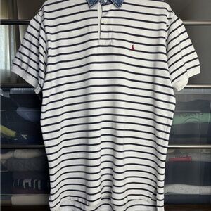 Ralph Lauren Denim Collar White and Blue Striped Polo Shirt